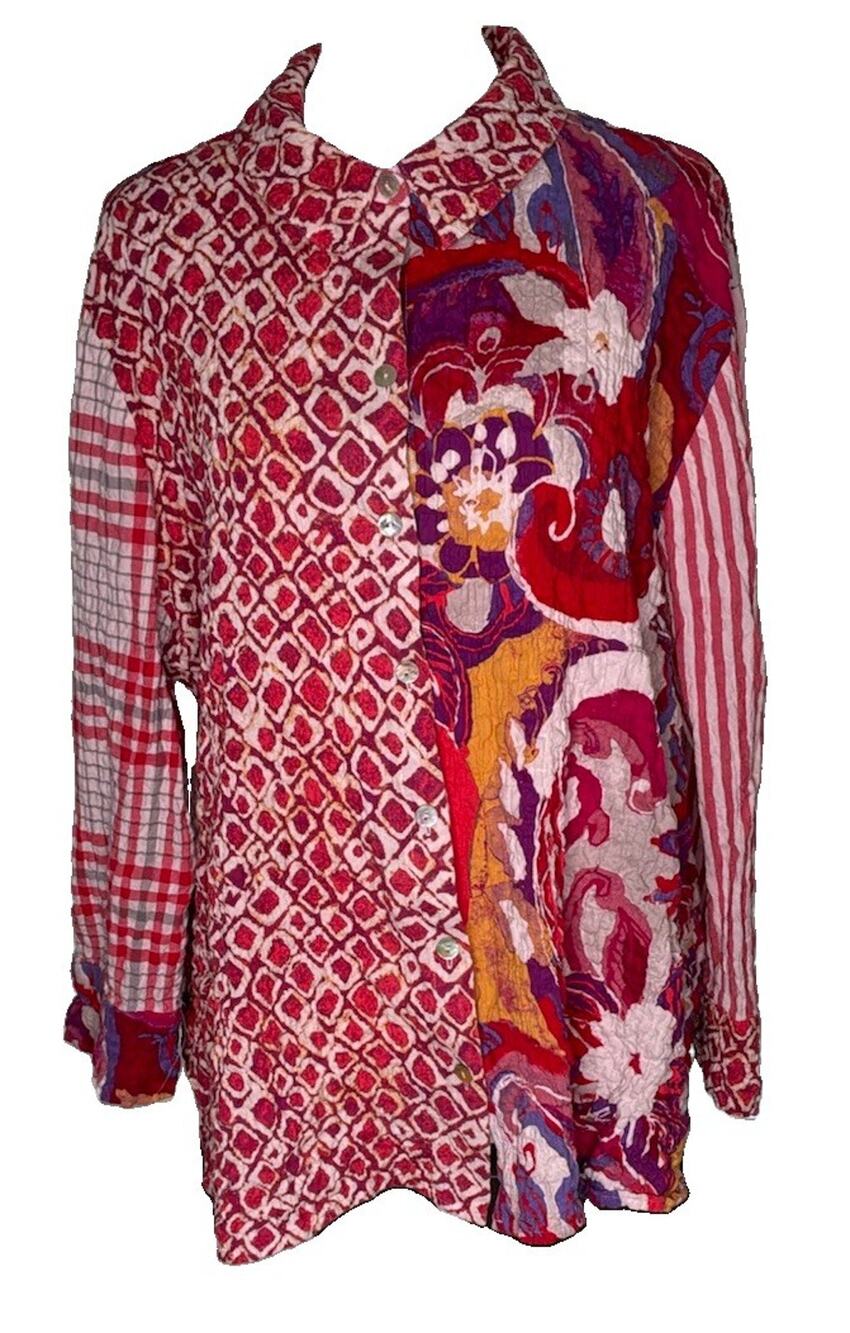Habitat Clothes To Live In Crinkle Cotton Patchwork Tunic Shirt Red XL Boho Art